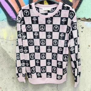 Wound Up Fleece Shirt Junior Large 15-17 Black Purple Mushrooms Peace Signs Soft
